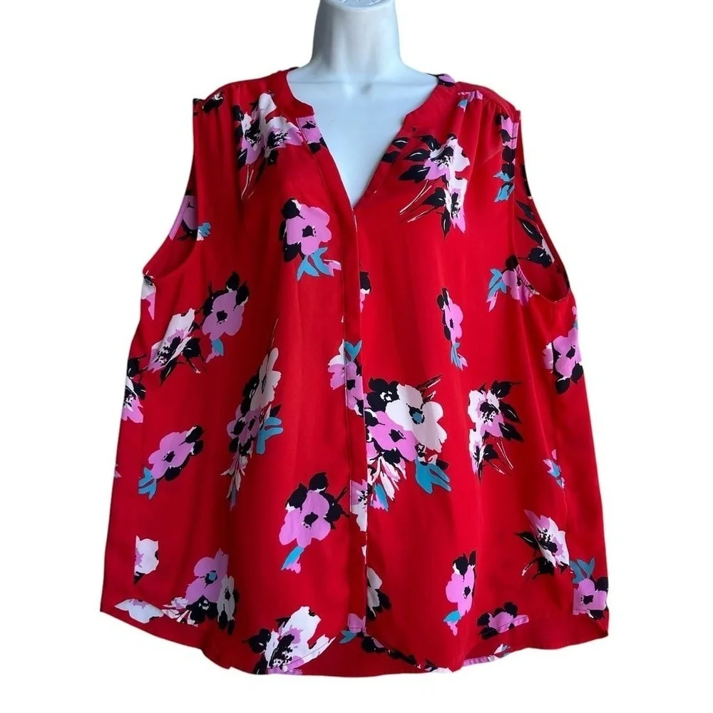 CHELSEA THEODORE Red Floral Top Women's 2XL Sleeveless V-Neck Casual Blouse